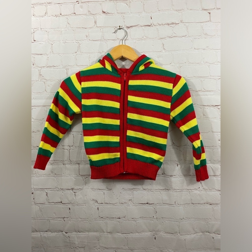Kids Long Sleeve Striped Full Front Zip Up Hooded Knit Sweater - Picture 1 of 6
